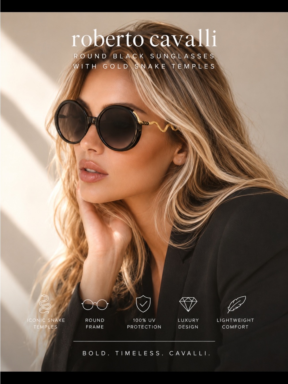 Roberto Cavalli Round Black Sunglasses with Gold Snake Temples